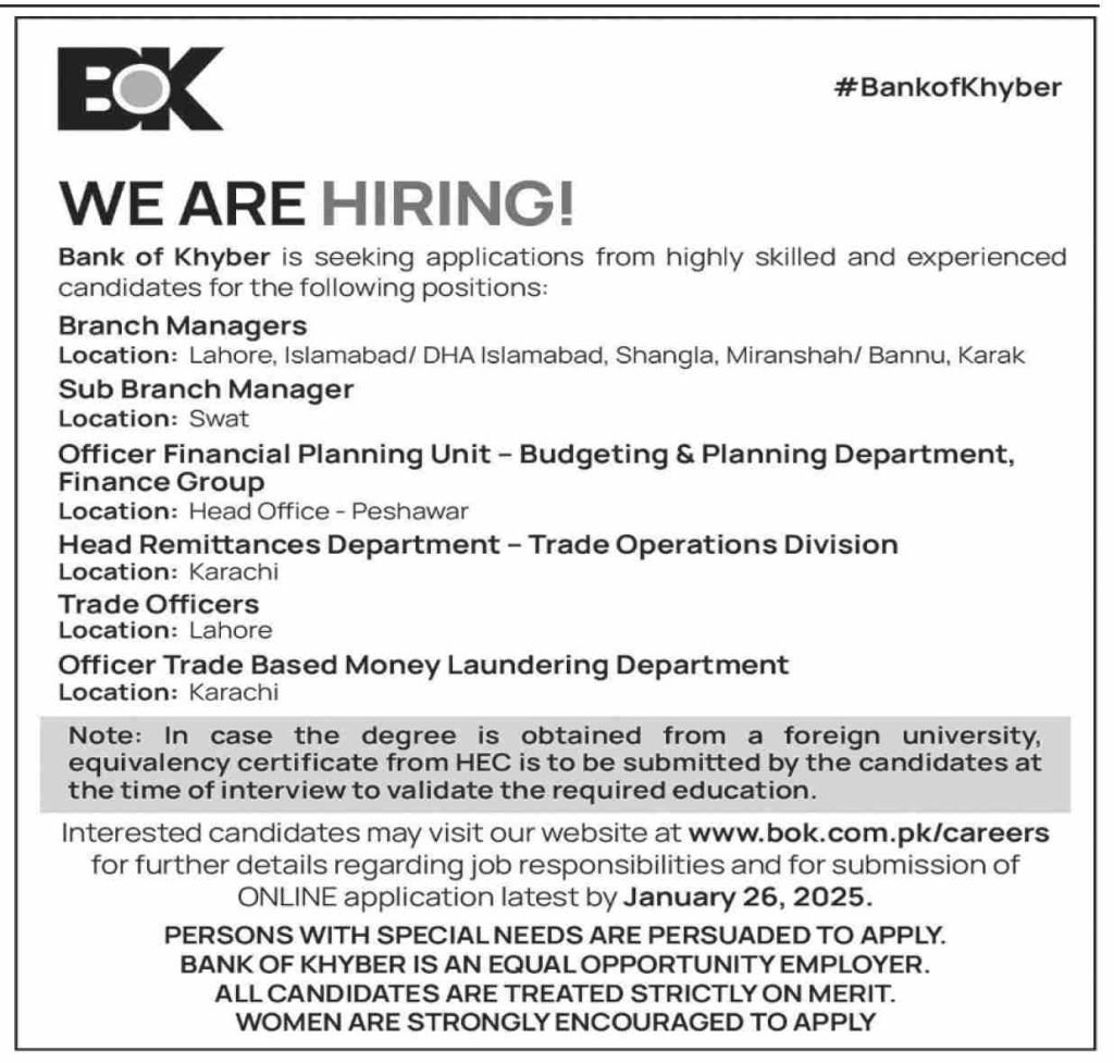 Bank of Khyber BOK Jobs 2025 