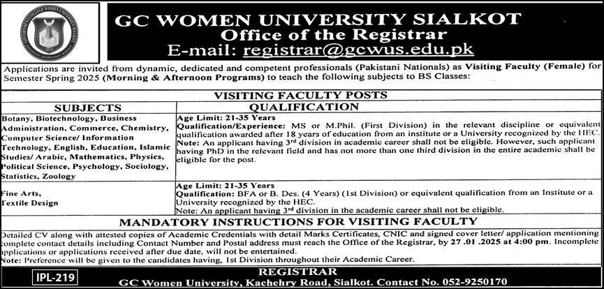 GC Women University Sialkot Teaching Jobs 2025