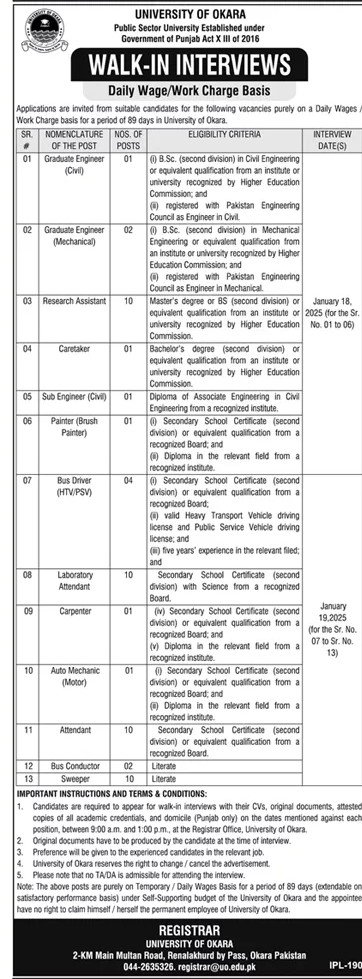 University of Okara Jobs 2025